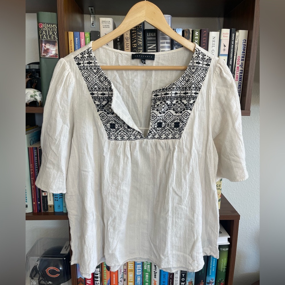 Sanctuary Embroidered Boho Peasant Top | White Cotton Gauze Blouse Size M